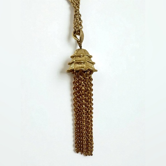 Monet Vintage Gold-Tone Tassel Necklace-Pagoda Pendant - Picture 2 of 7